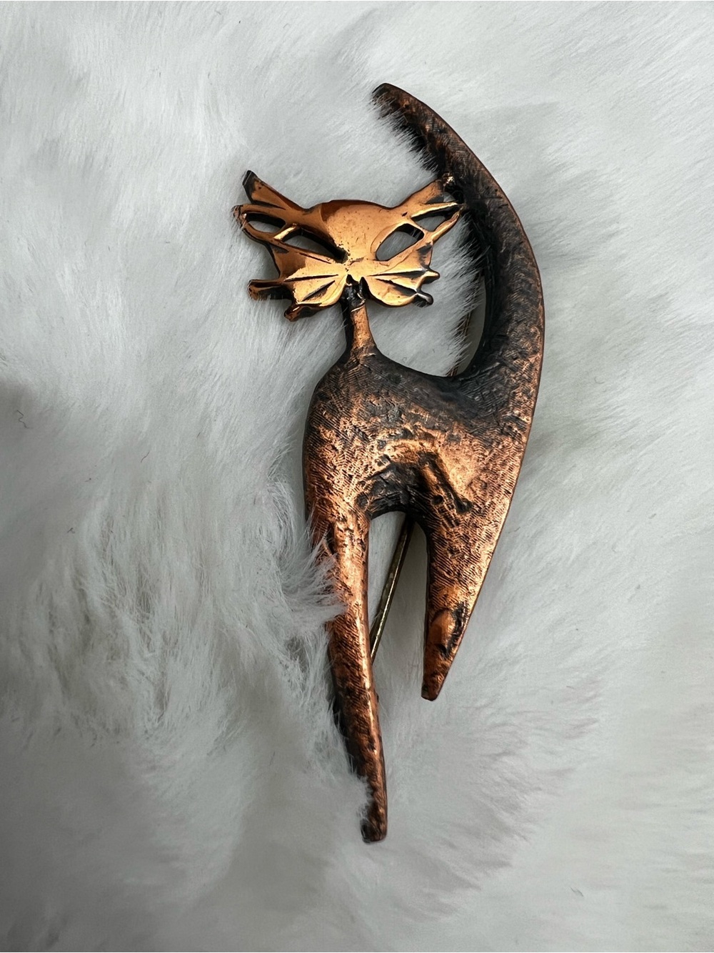 Vintage 1960s Mid Century Modernist Copper Cat Brooch Pin
